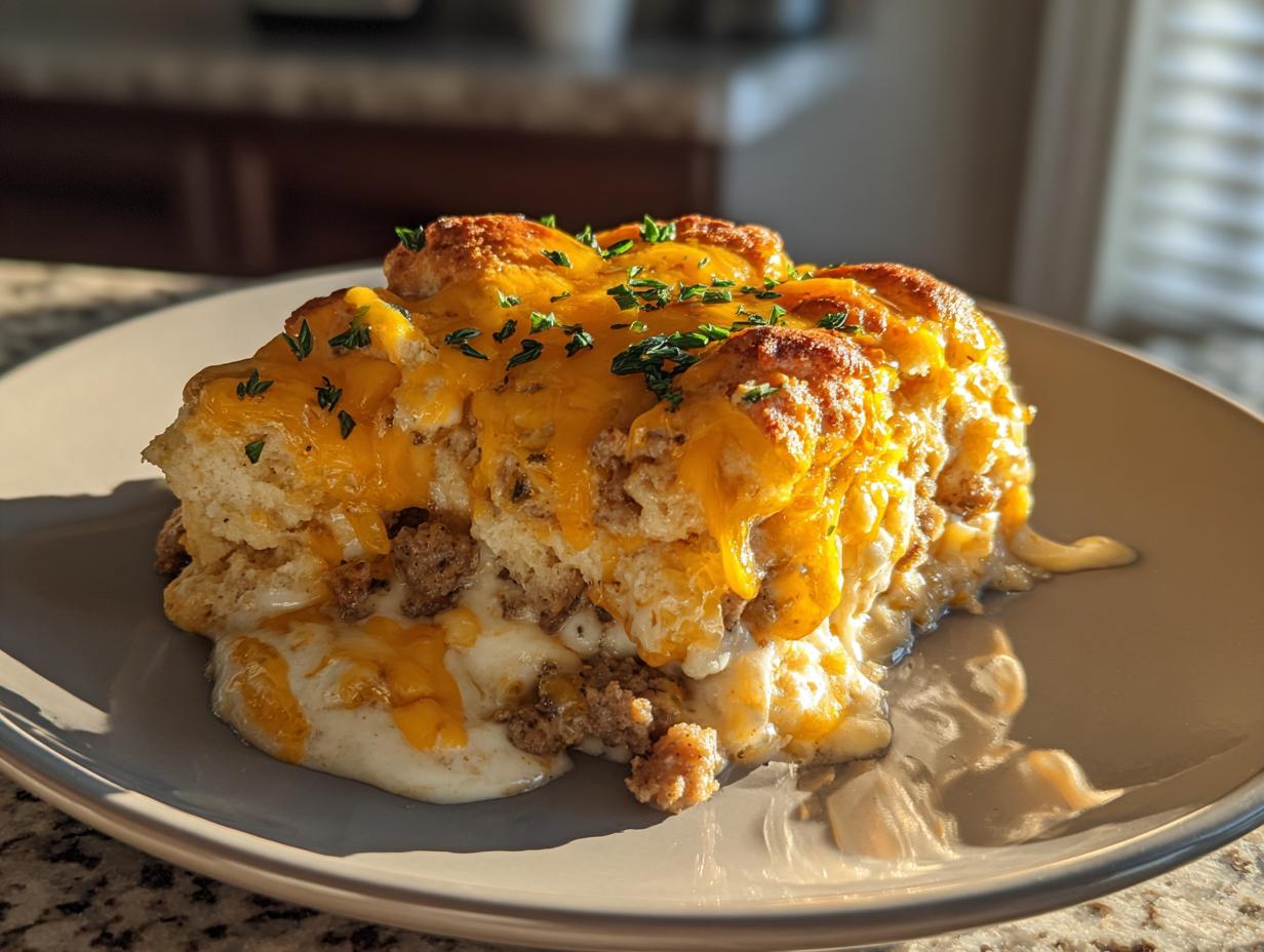 A slice of Biscuits and Gravy Casserole topped with melted cheese and herbs on a plate.