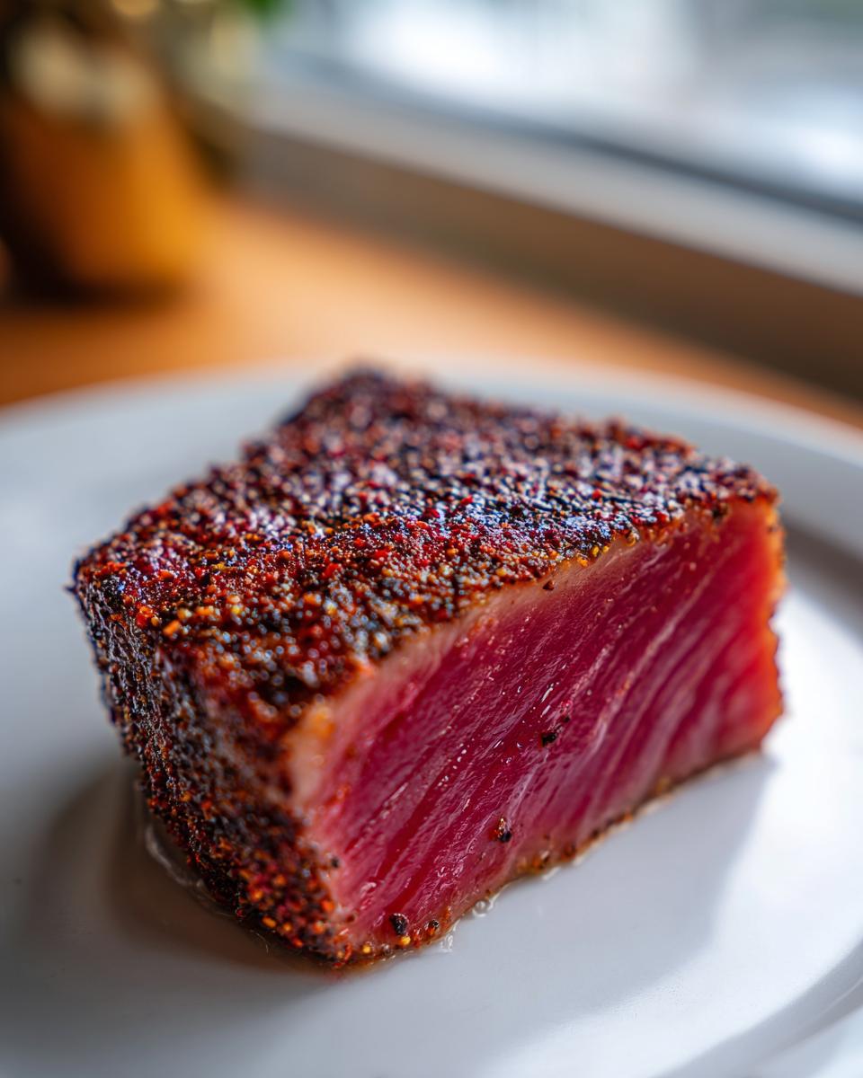 Close-up of a Blackened Tuna Steak showing the blackened crust and raw center on a white plate.