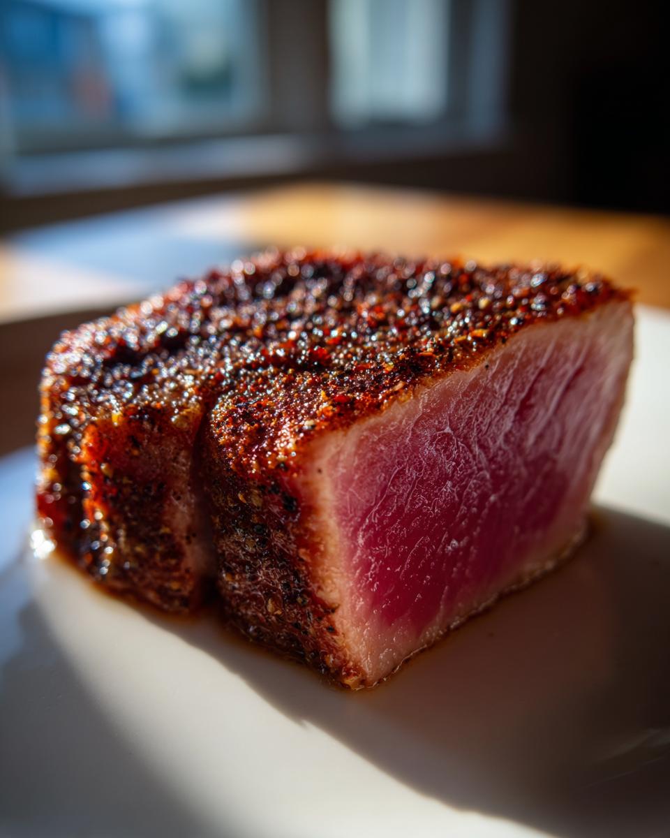Close-up of a Blackened Tuna Steak, showing the seared crust and rare center on a white plate.