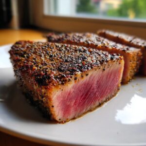 Close-up of sliced Blackened Tuna Steak showing a dark crust and rare center on a white plate.