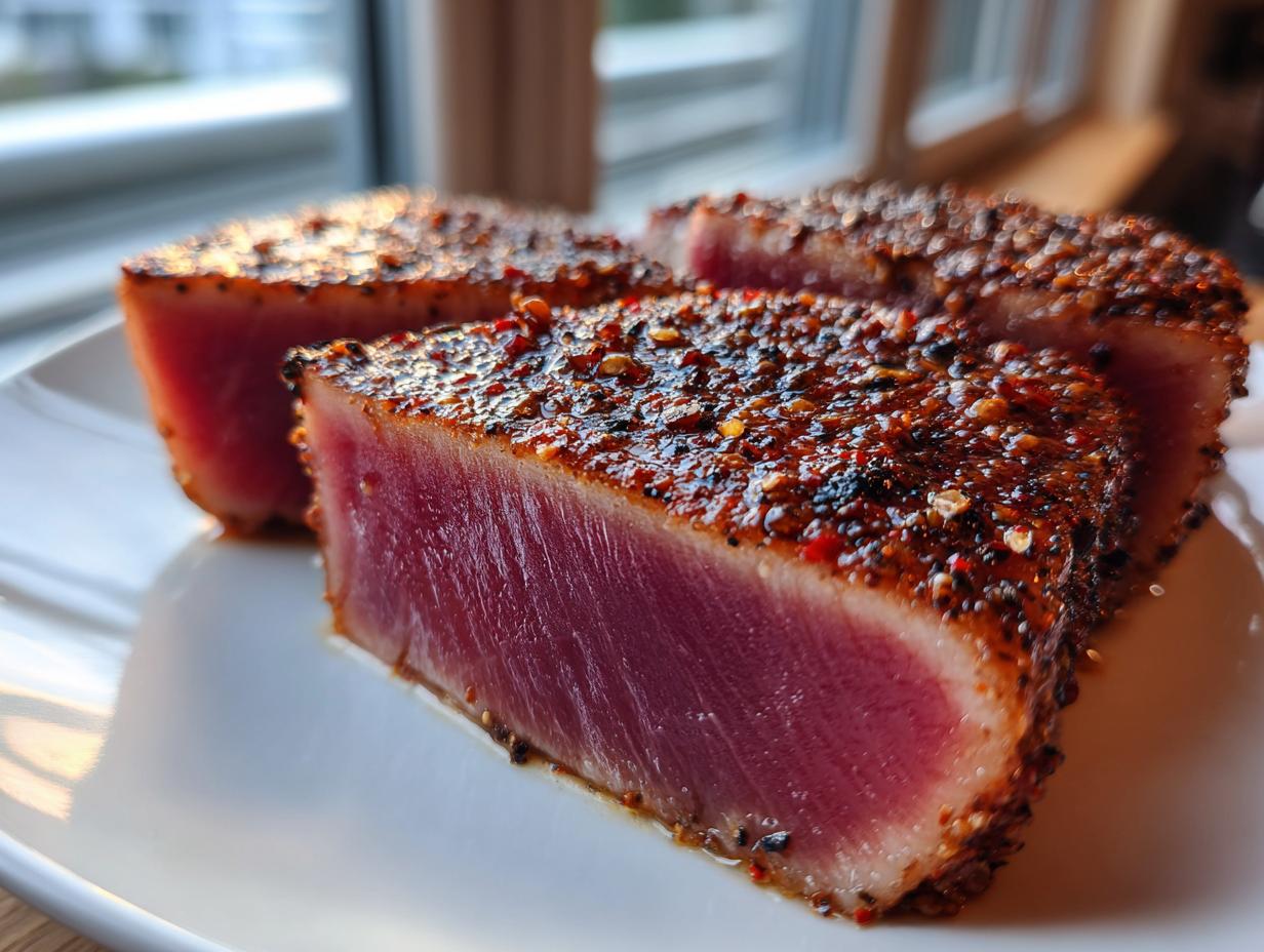 Close-up of sliced Blackened Tuna Steak with a dark crust and rare center, served on a white plate.