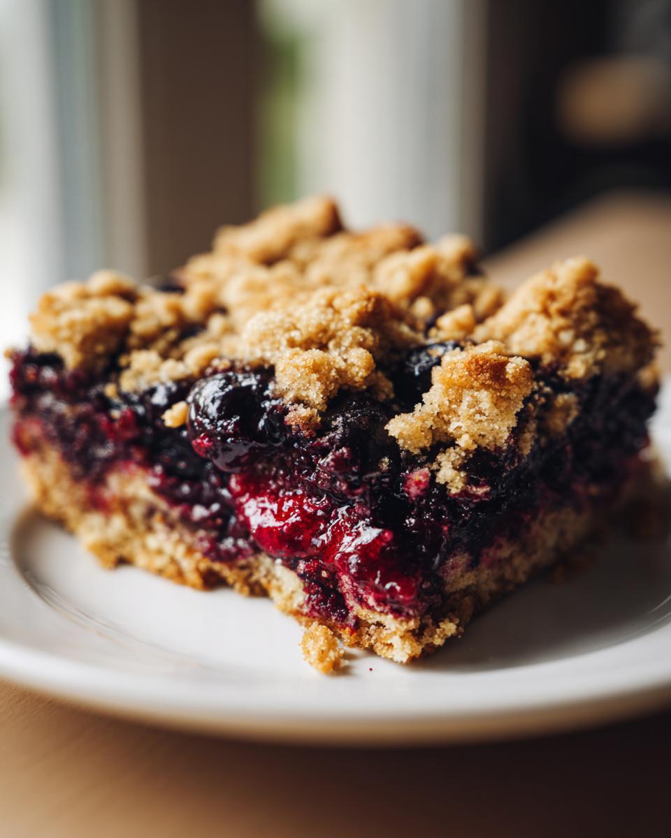 A single blueberry pie bar on a white plate, showcasing the blueberry filling and crumb topping.