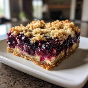 A single blueberry pie bar on a white plate, showcasing the crust, blueberry filling, and crumb topping.