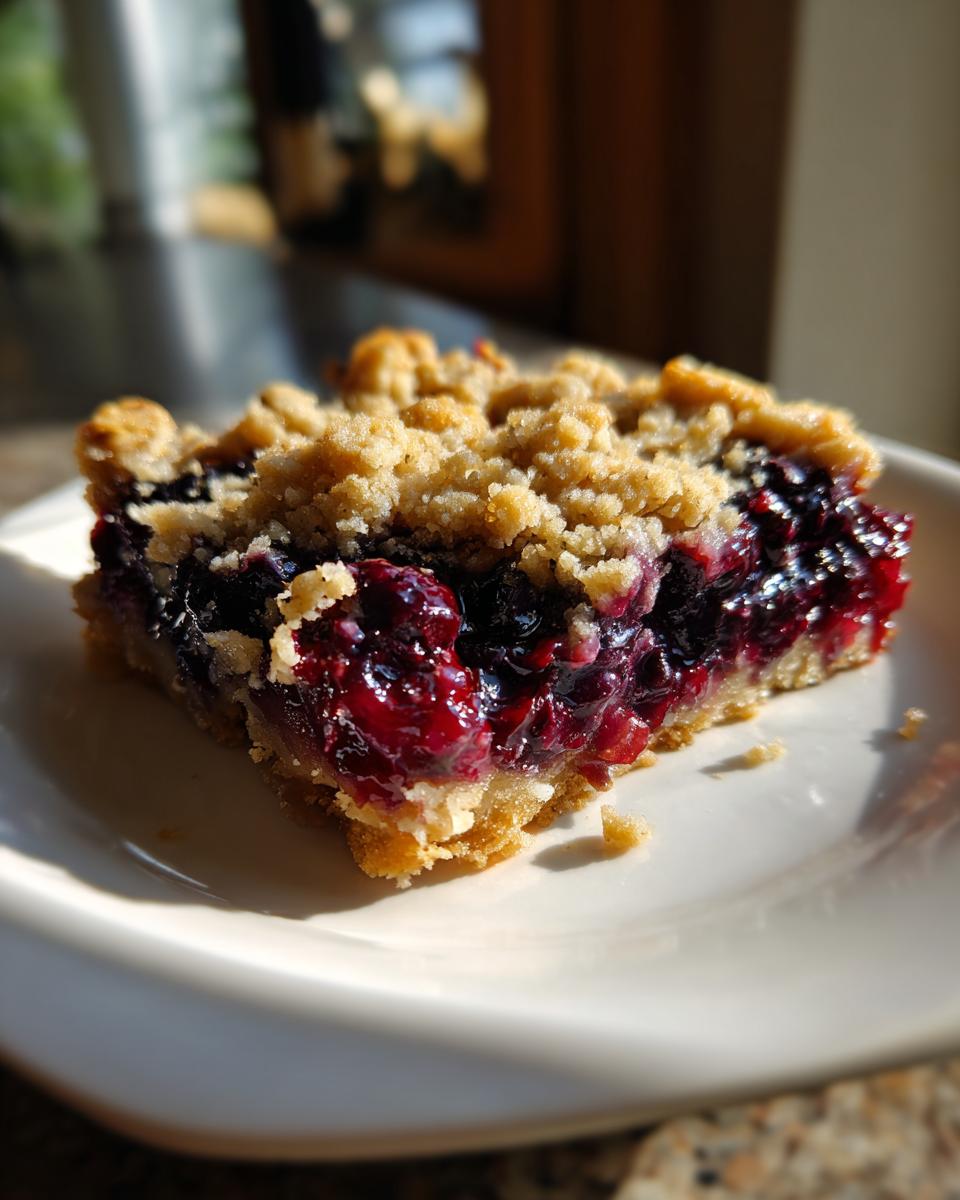 A single blueberry pie bar slice on a white plate, showcasing the blueberry filling and crumb topping.