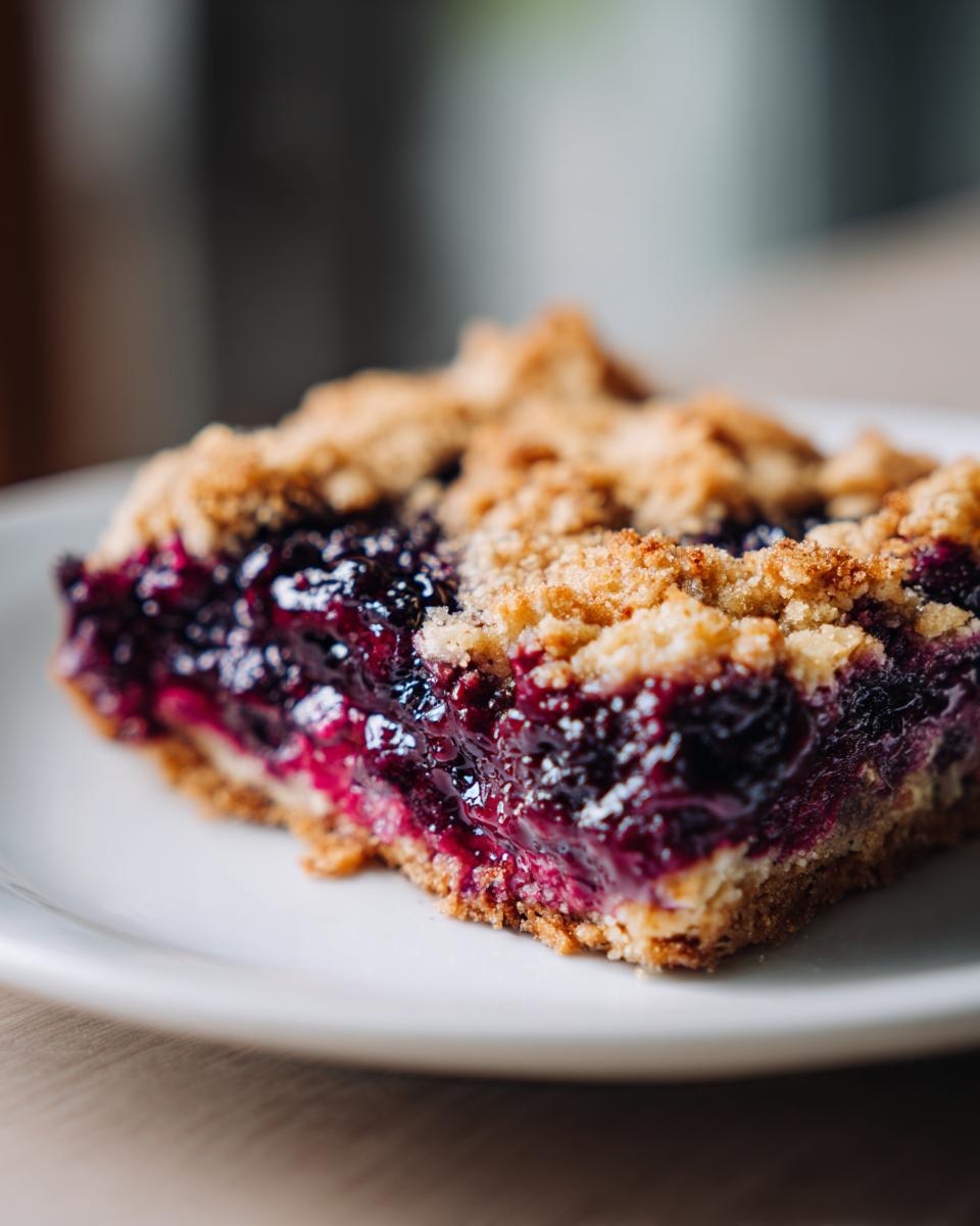 A single slice of Blueberry Pie Bars on a white plate, showcasing the blueberry filling and crumb topping.