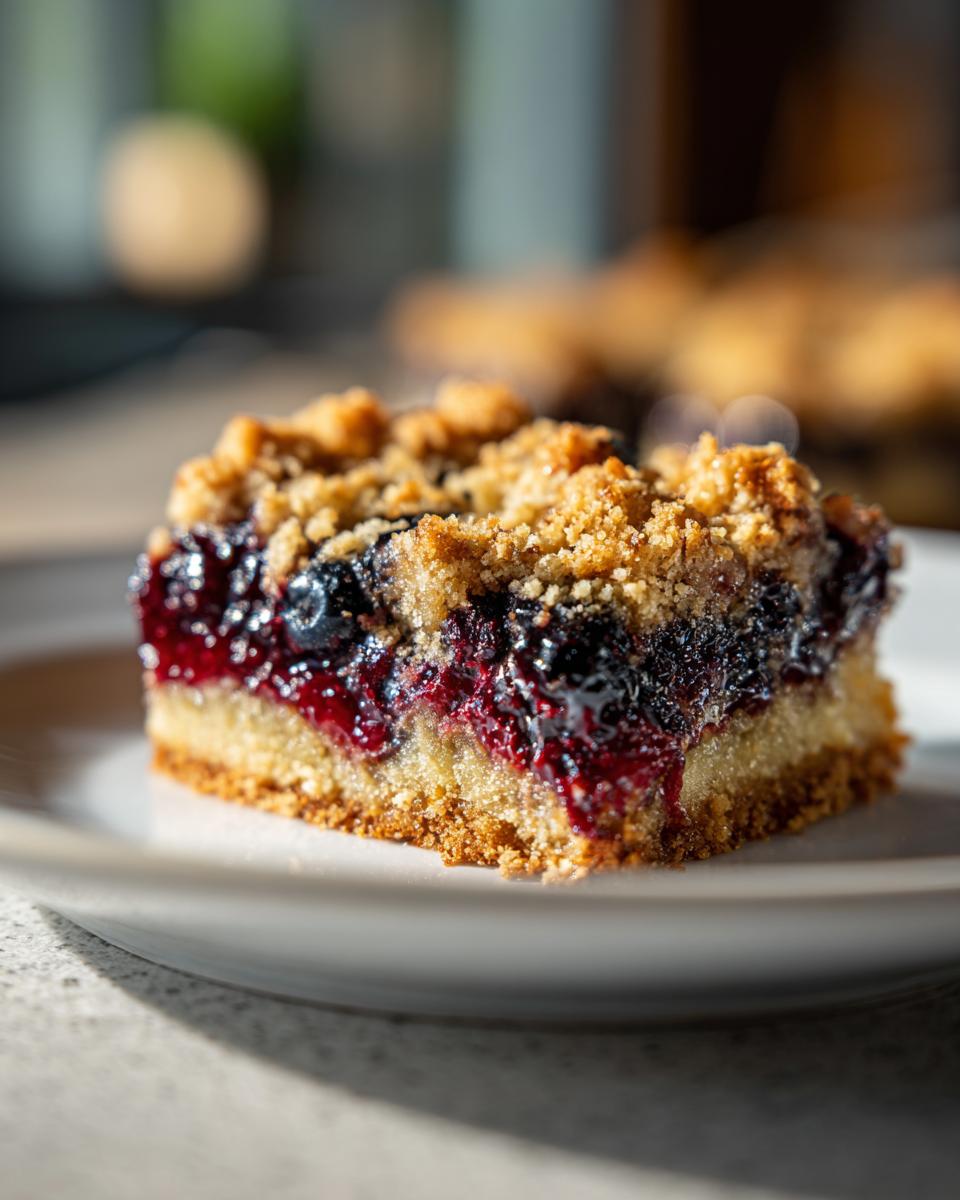 Close-up of a Blueberry Pie Bars slice with a crumb topping on a white plate.