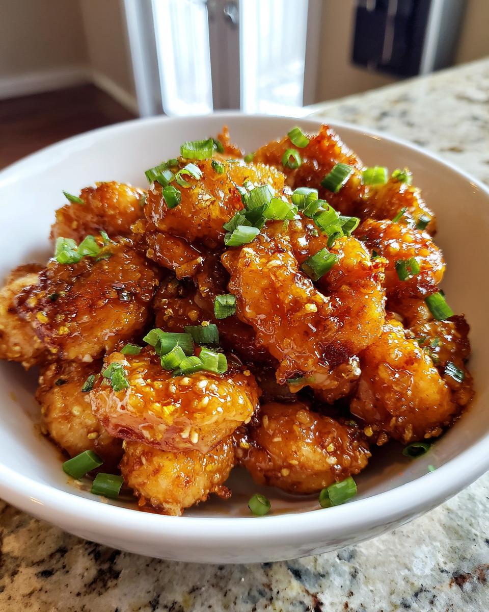 A bowl of golden Bang Bang Shrimp, coated in sauce and garnished with green onions.