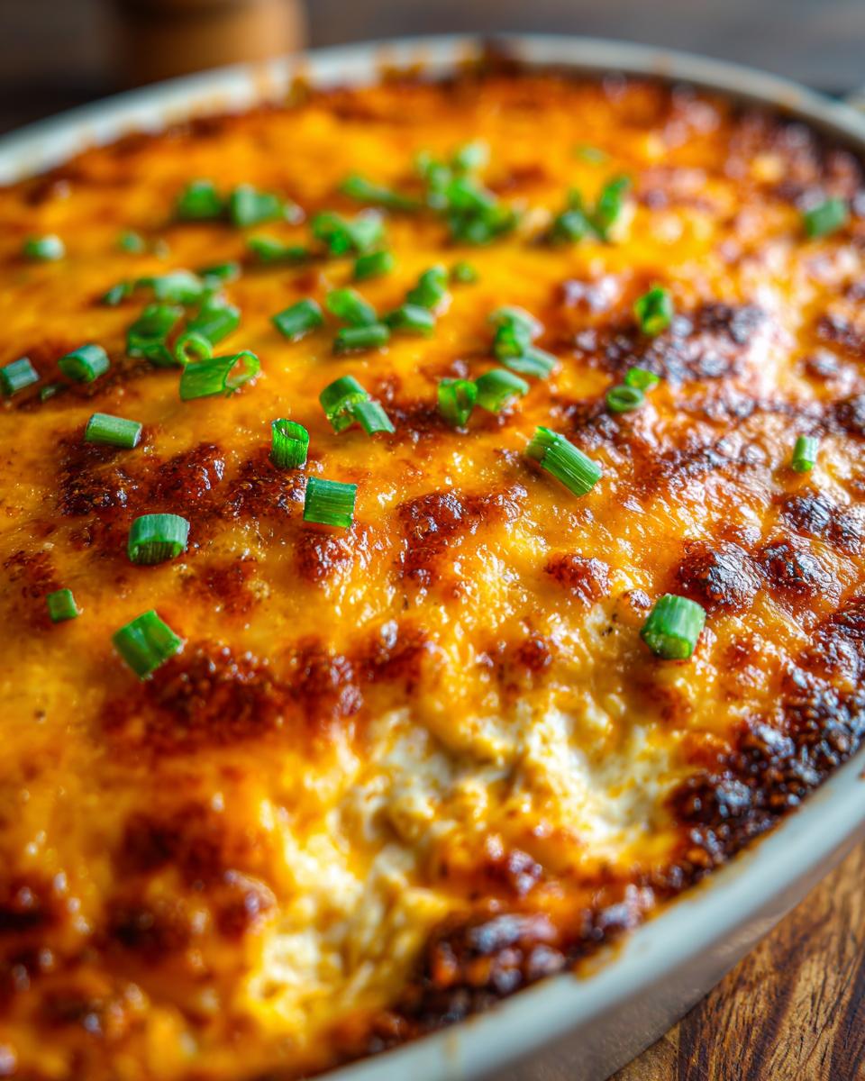 Close-up of baked Buffalo Chicken Dip in a dish, topped with melted cheese and fresh green onions.