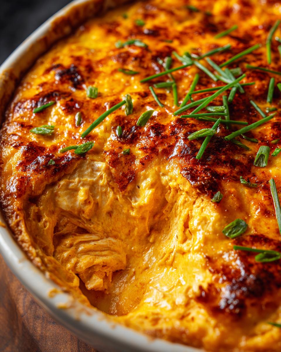 Close-up of baked Buffalo Chicken Dip in a white dish, topped with chives.