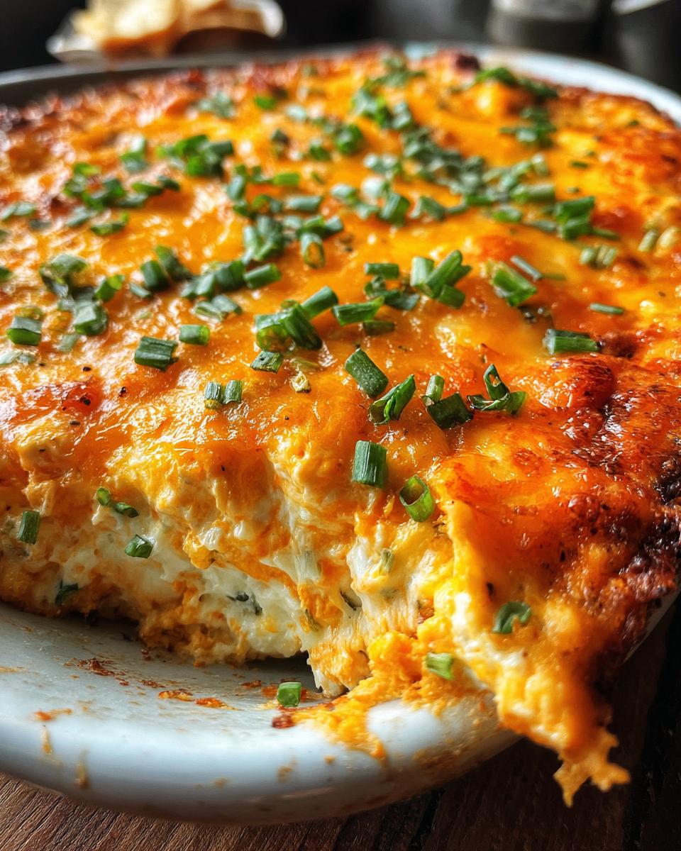 Close-up of Buffalo Chicken Dip with melted cheese and chives, showing a portion scooped out.
