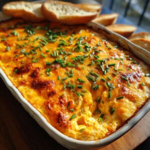Baked Buffalo Chicken Dip in a white dish, topped with chives and served with sliced bread.
