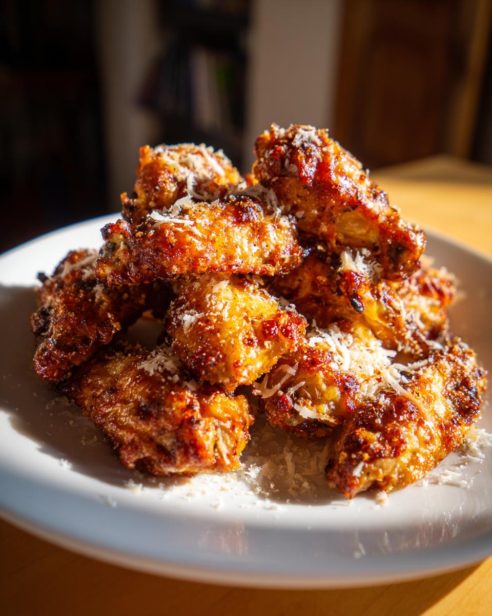 A plate piled high with crispy Cacio e Pepe Chicken Wings, sprinkled with grated cheese.
