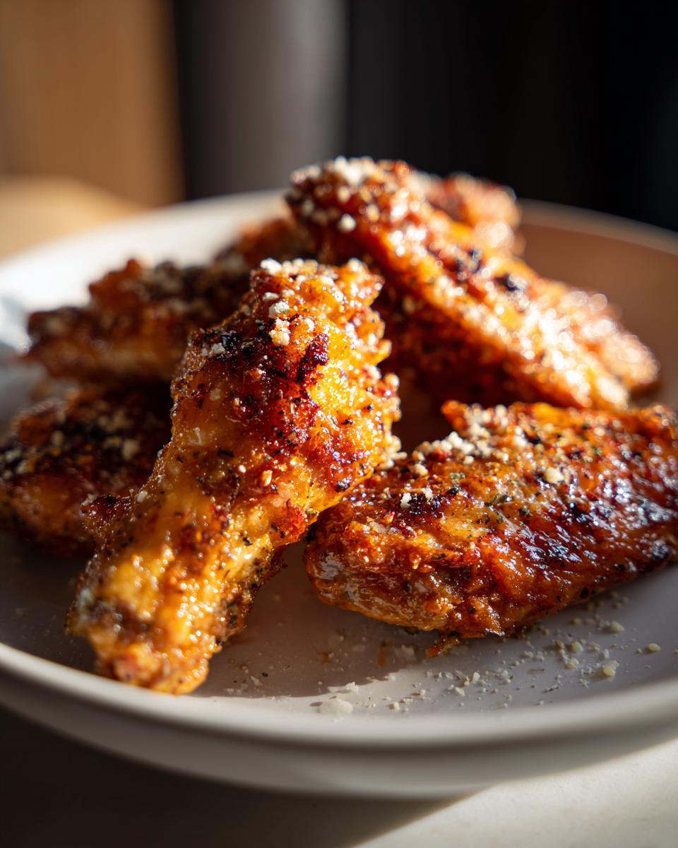 Close-up of Cacio e Pepe Chicken Wings on a plate, seasoned with cheese and pepper.