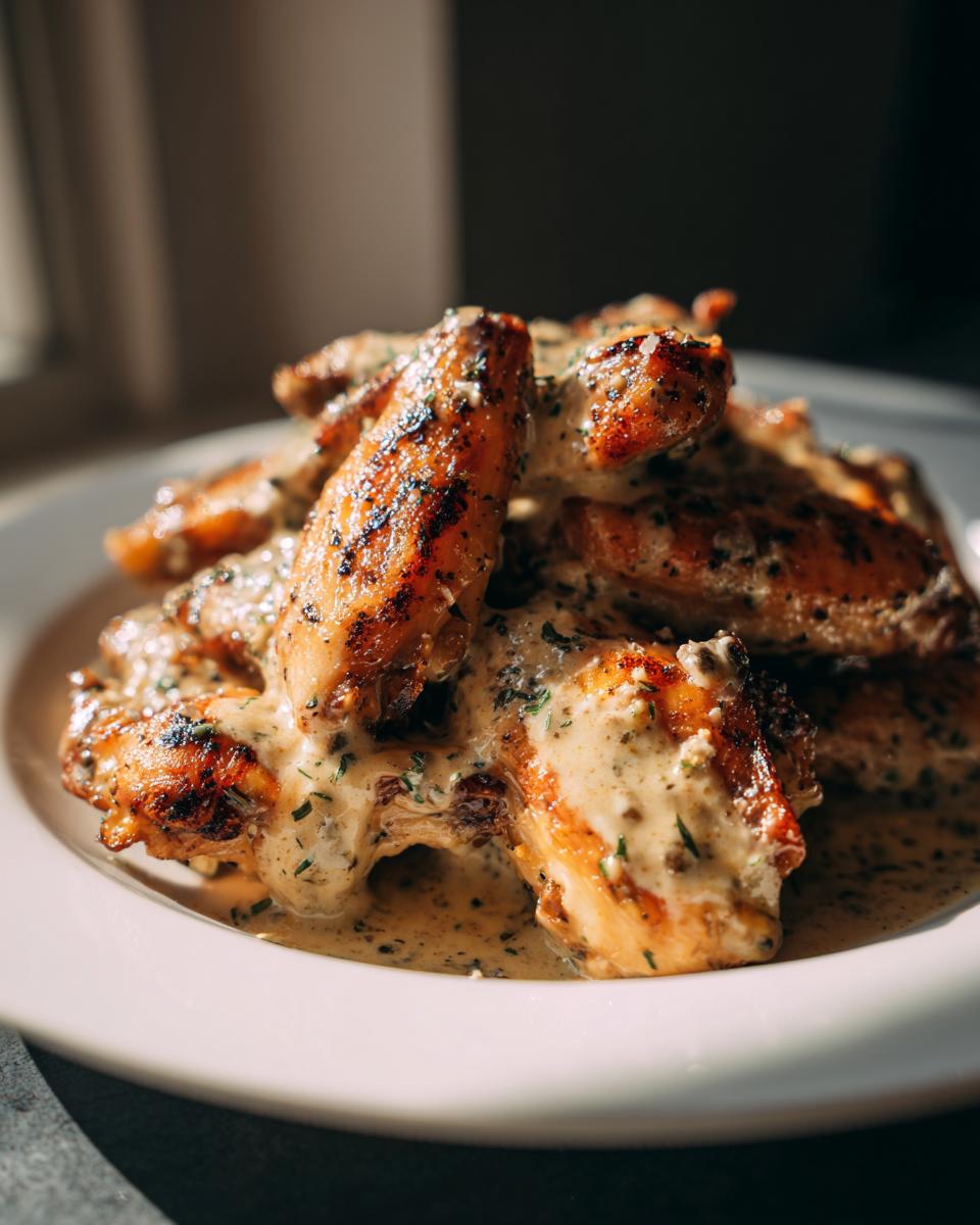 A plate of Cacio e Pepe Chicken Wings, featuring a creamy sauce and visible herbs and pepper.