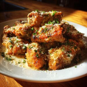 A plate of Cacio e Pepe Chicken Wings, topped with cheese and herbs, ready to be served.