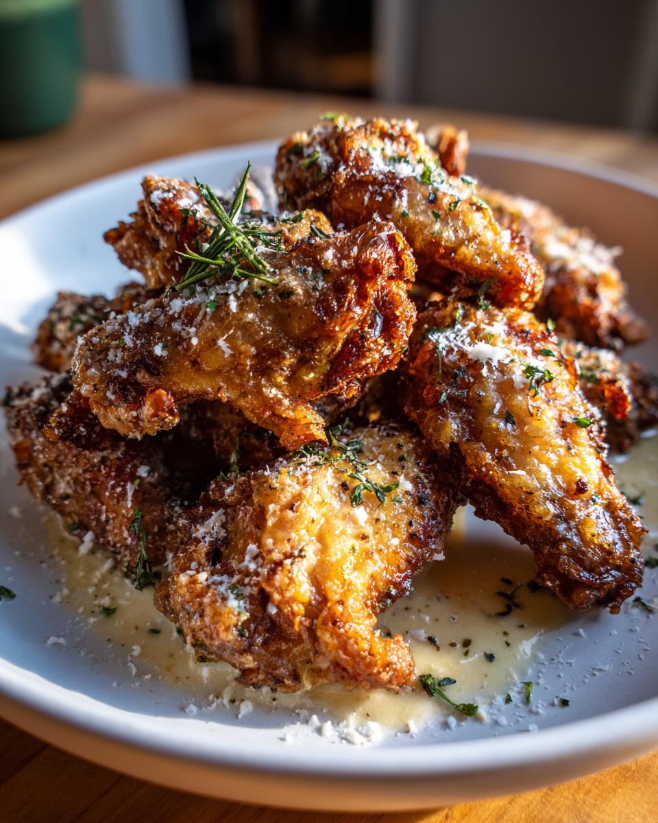 A platter of crispy Cacio e Pepe Chicken Wings, garnished with cheese and herbs, ready to be served.