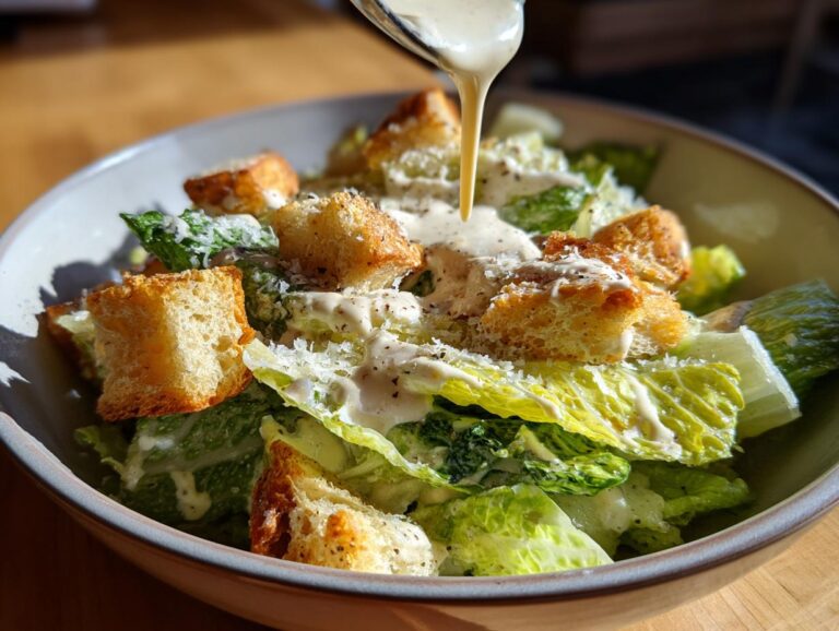 Caesar salad with romaine lettuce, croutons, parmesan, and creamy Homemade Caesar Dressing being drizzled on top.