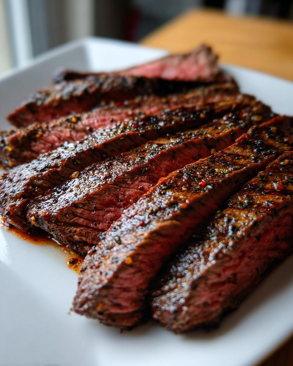 Close-up of sliced carne asada showing the results of the carne asada marinade, with visible herbs and spices.