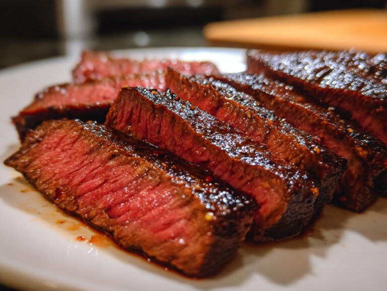 Close-up of sliced carne asada showing the juicy, flavorful meat after using the carne asada marinade.