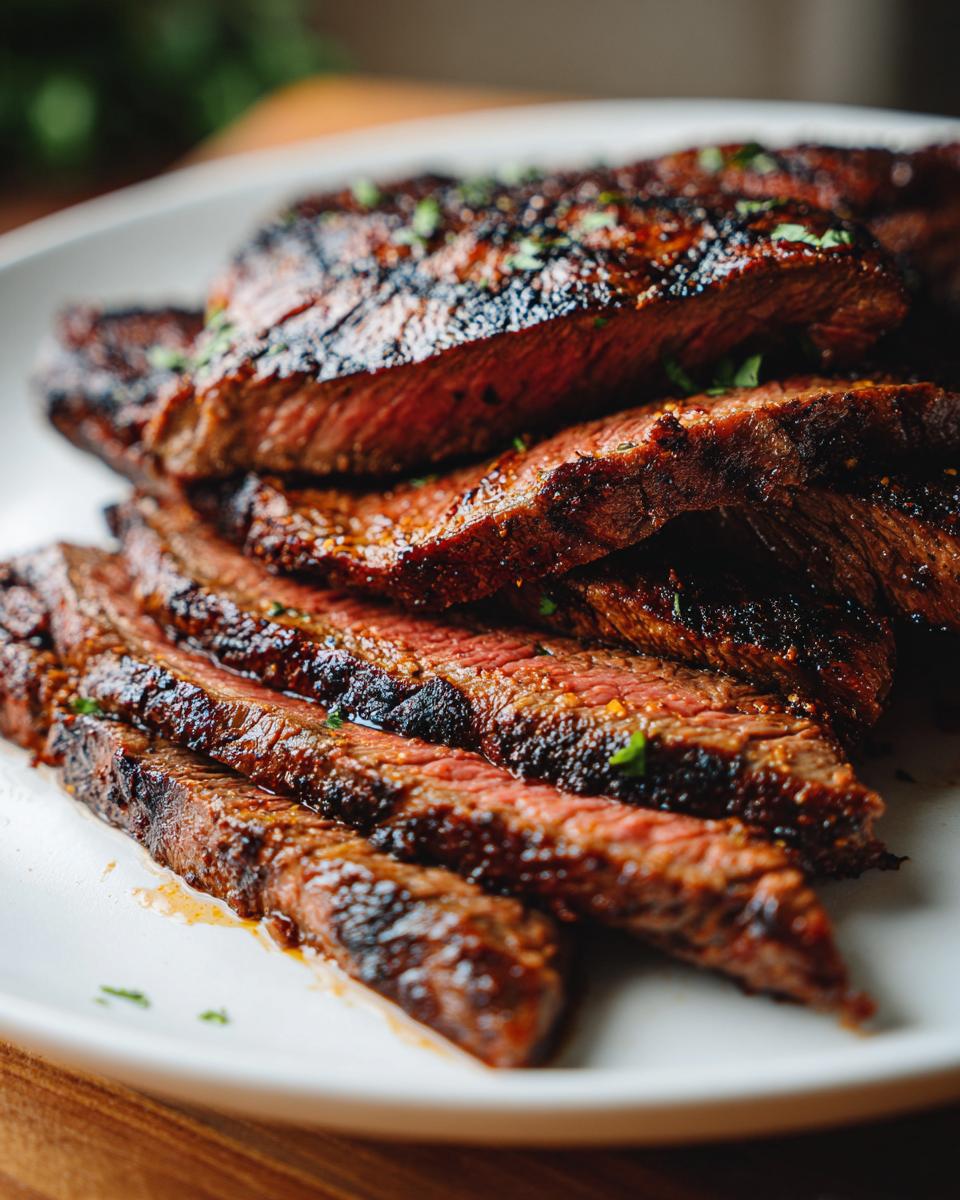 Close-up of sliced carne asada steak marinated to perfection, showcasing its juicy texture and flavorful crust.