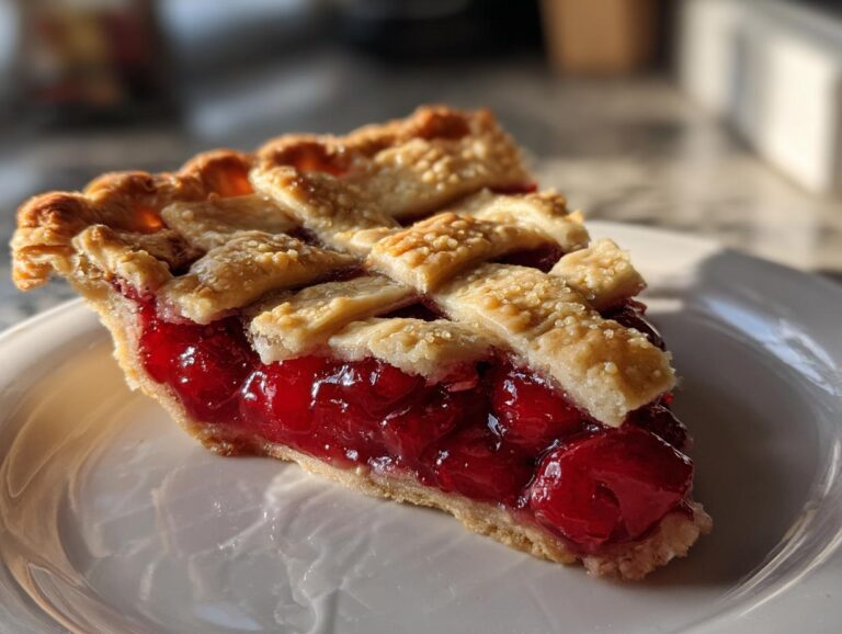 A delicious slice of homemade cherry pie with a lattice crust on a white plate. The cherry pie filling is visible.