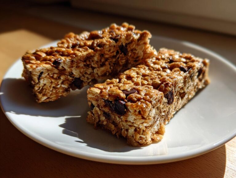Two chewy peanut butter granola bars with oats and chocolate chips on a white plate.
