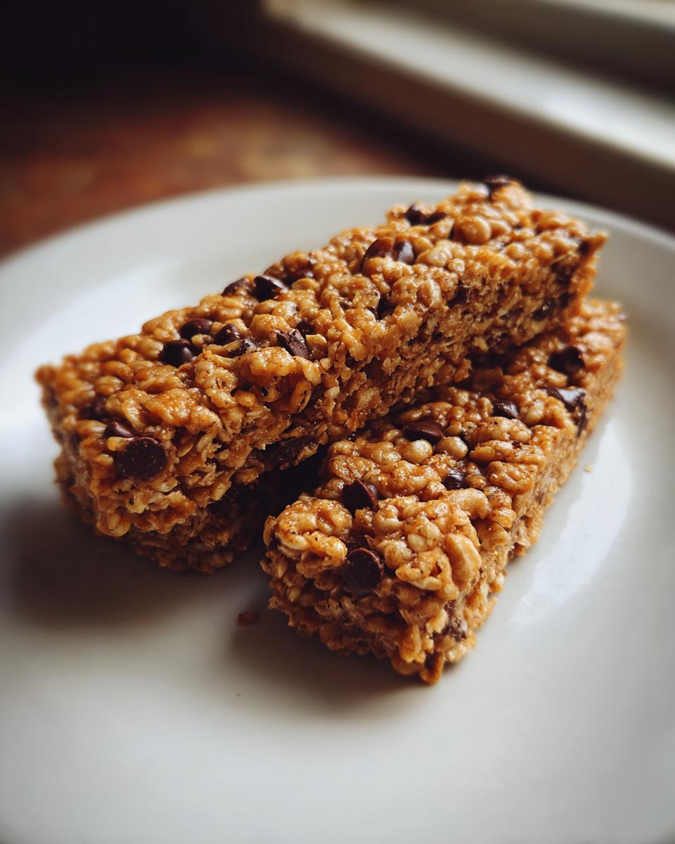 Two chewy peanut butter granola bars stacked on a white plate, studded with chocolate chips.