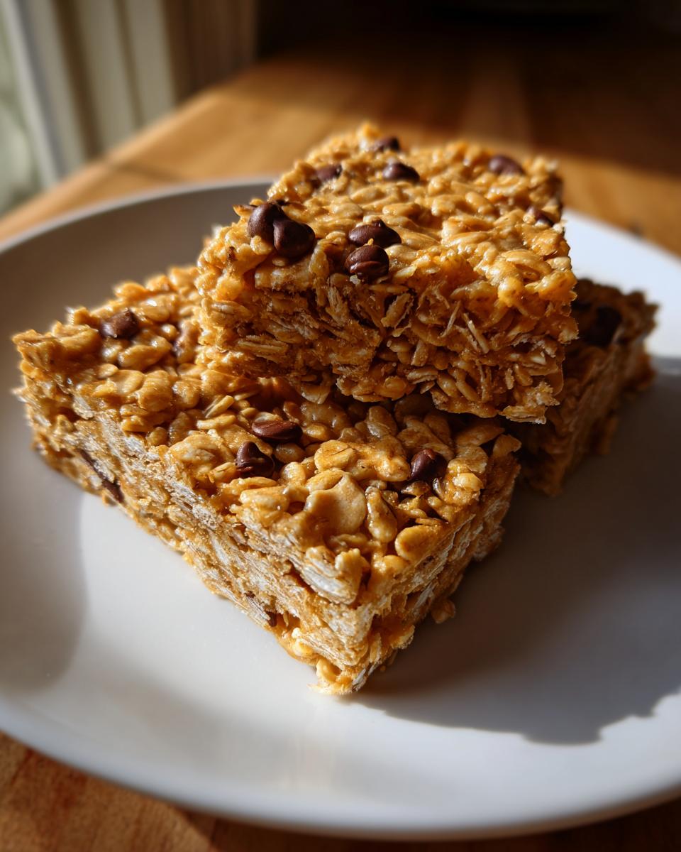 A stack of two homemade Chewy Peanut Butter Granola Bars with chocolate chips on a white plate.