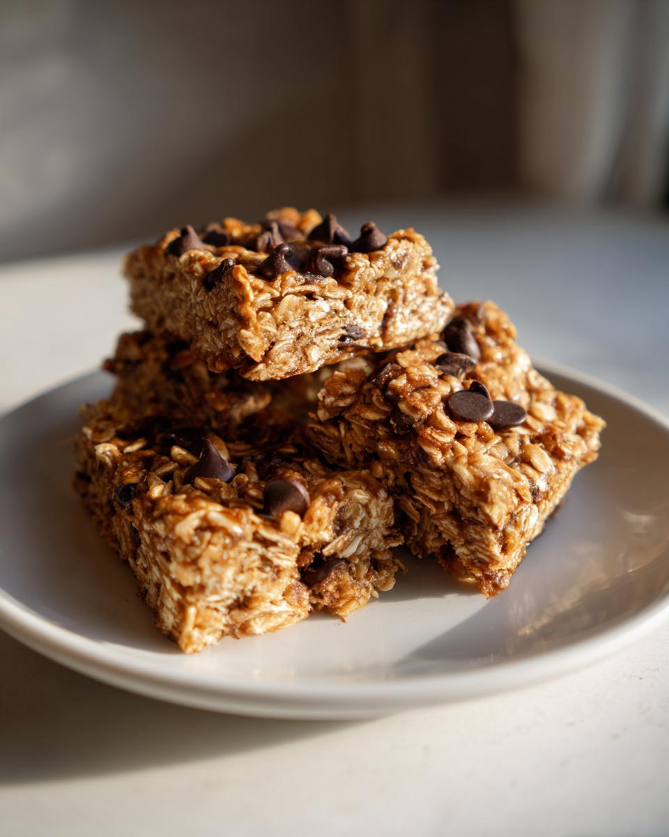 A stack of homemade Chewy Peanut Butter Granola Bars topped with chocolate chips on a white plate.