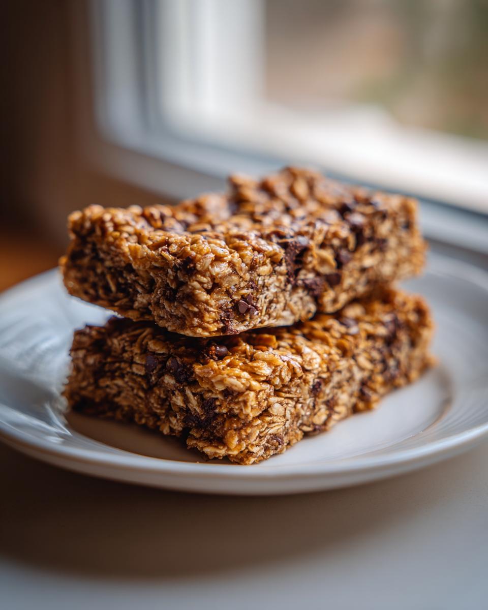 Two stacked Chewy Peanut Butter Granola Bars on a white plate, showing oats and chocolate chips.
