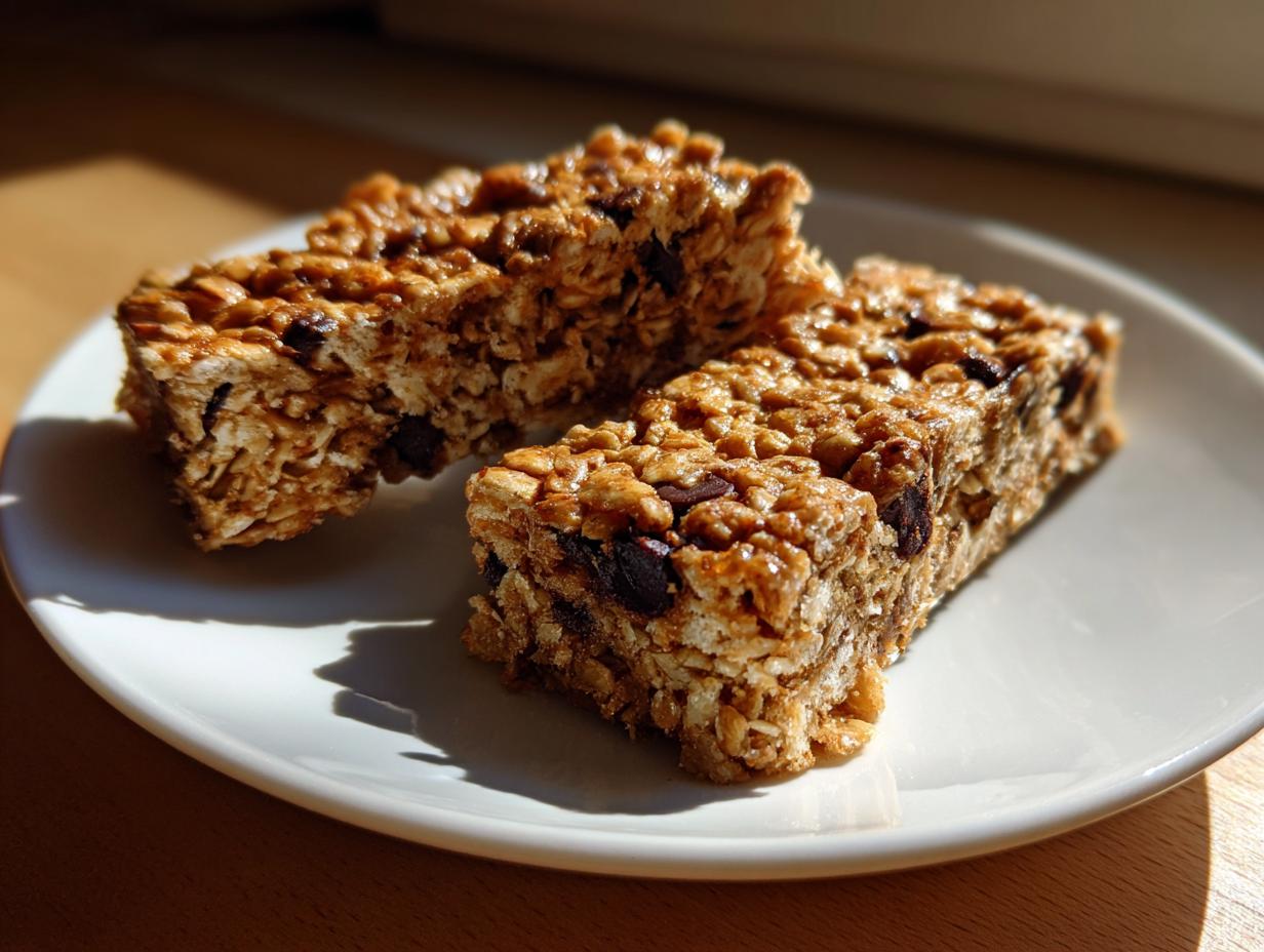 Two chewy peanut butter granola bars with oats and chocolate chips on a white plate.