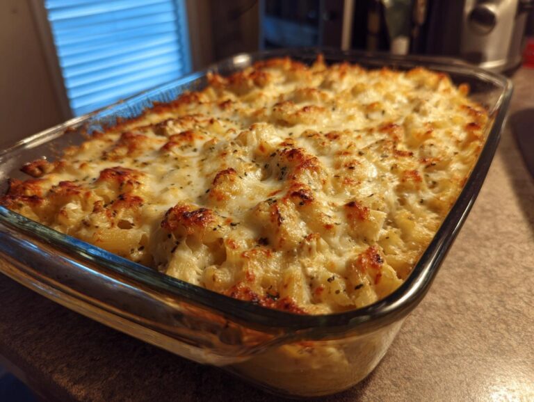 A freshly baked Chicken Alfredo Casserole in a glass baking dish, featuring a golden, bubbly cheese topping.