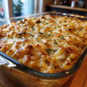 A freshly baked Chicken Alfredo Casserole in a glass baking dish, topped with melted cheese and parsley.
