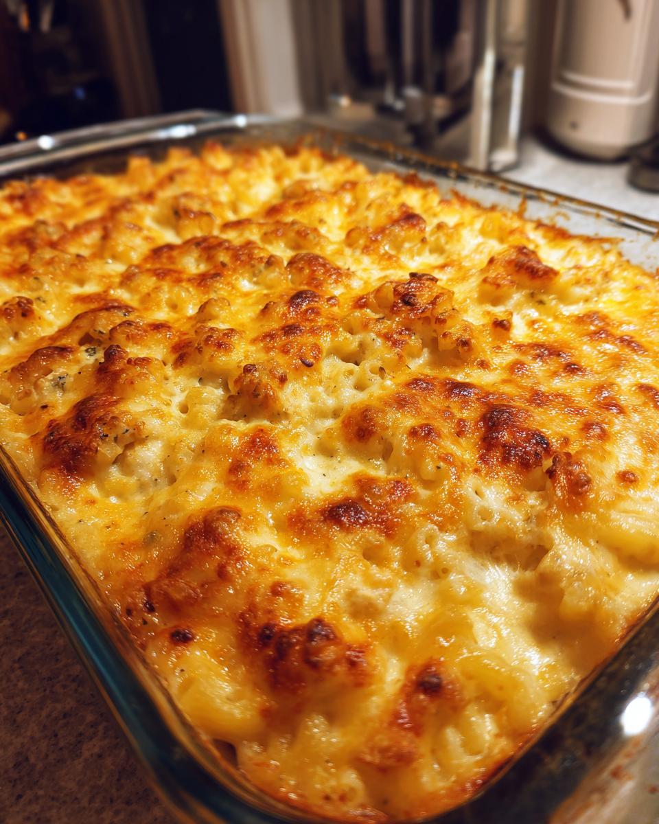 Close-up of a golden, bubbly Chicken Alfredo Casserole in a glass baking dish, fresh from the oven.