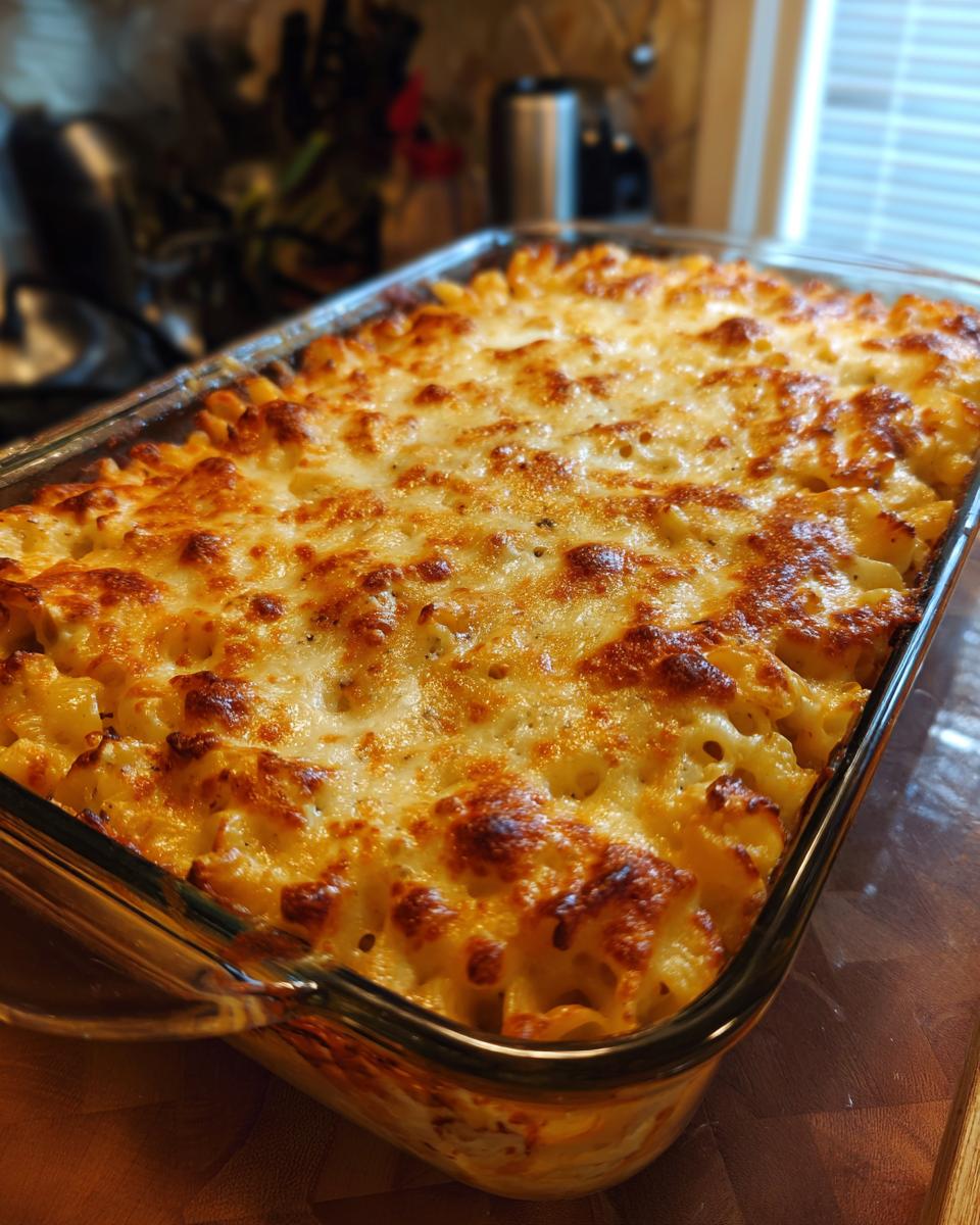 A freshly baked Chicken Alfredo Casserole in a glass baking dish, topped with melted cheese.