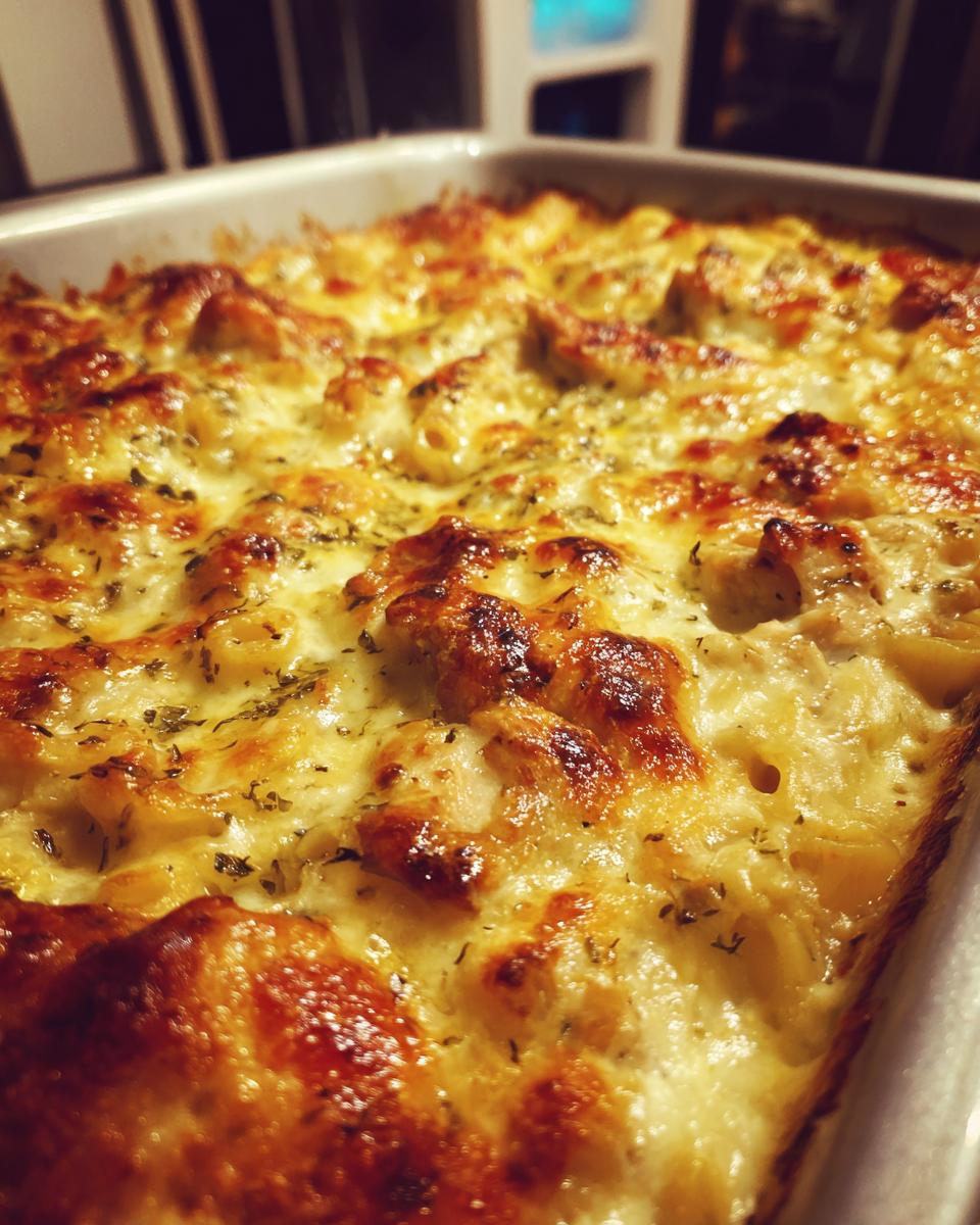 Close-up of a golden, bubbly Chicken Alfredo Casserole in a baking dish, topped with herbs.