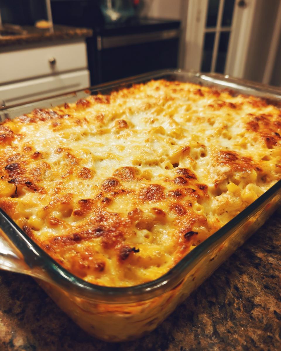 Golden brown Chicken Alfredo Casserole in a glass baking dish, fresh from the oven.