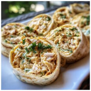 Close-up of Chicken Salad Pinwheels, featuring a creamy chicken salad filling rolled in tortillas and garnished with parsley.