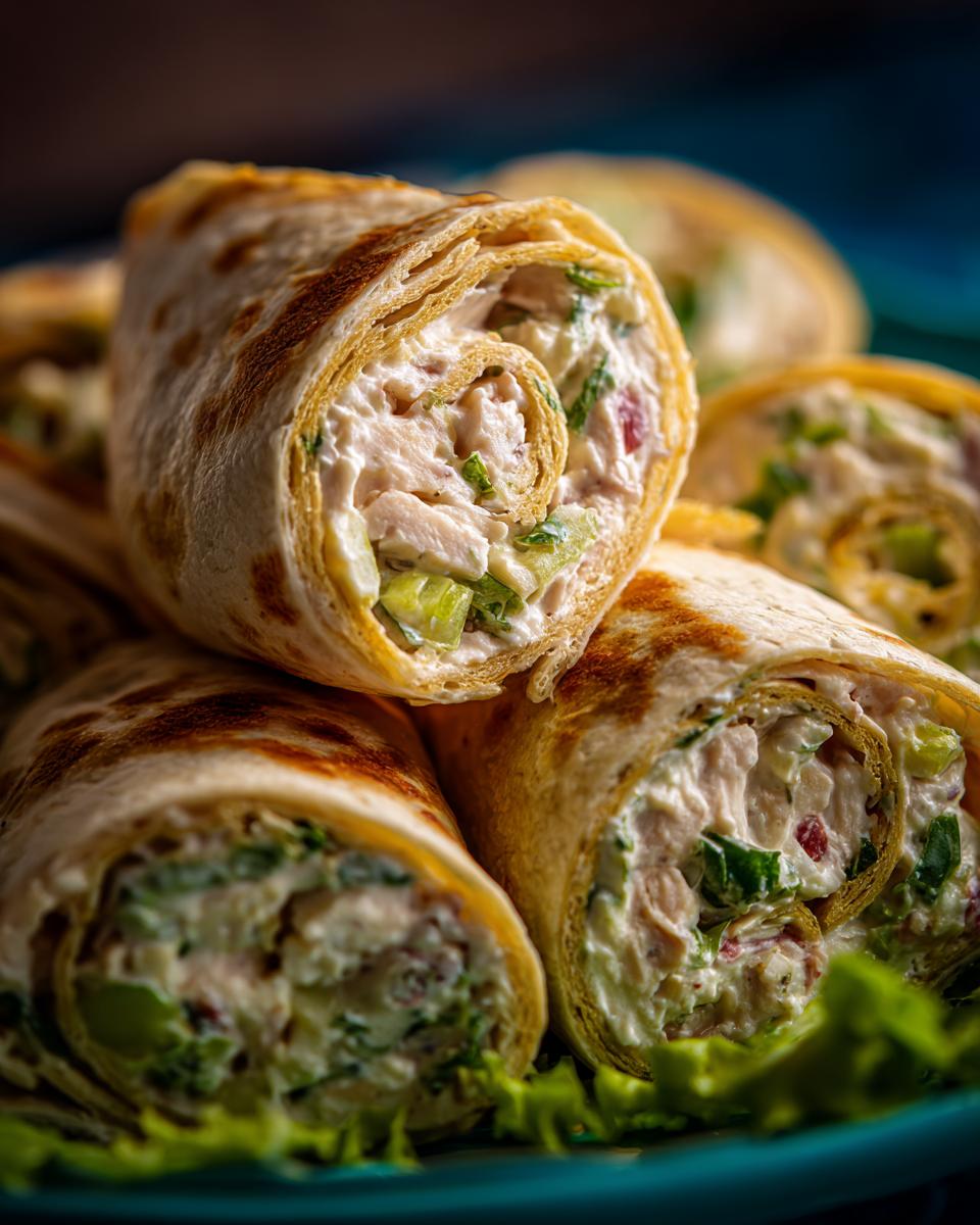 Close-up of stacked Chicken Salad Pinwheels showing the filling and tortilla layers.