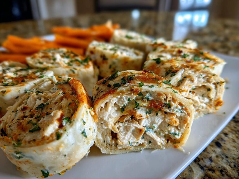 Close-up of Chicken Salad Pinwheels on a white plate, garnished with parsley and served with carrot sticks.