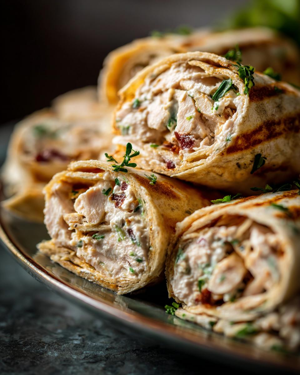 Close-up of stacked Chicken Salad Pinwheels on a plate, showing the chicken salad filling and tortilla wrap.