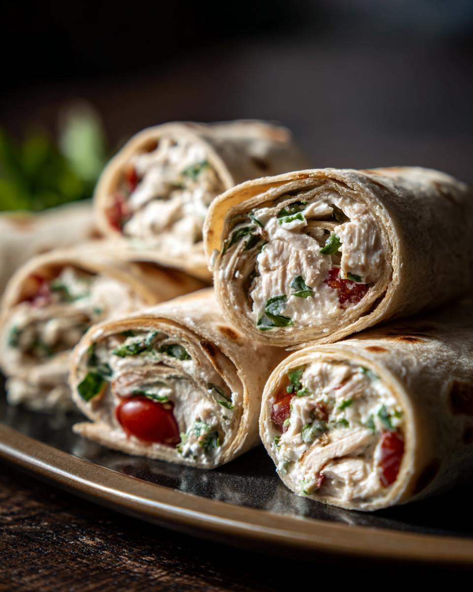 Close-up of stacked Chicken Salad Pinwheels featuring chicken, herbs, tomatoes, and cream cheese filling.