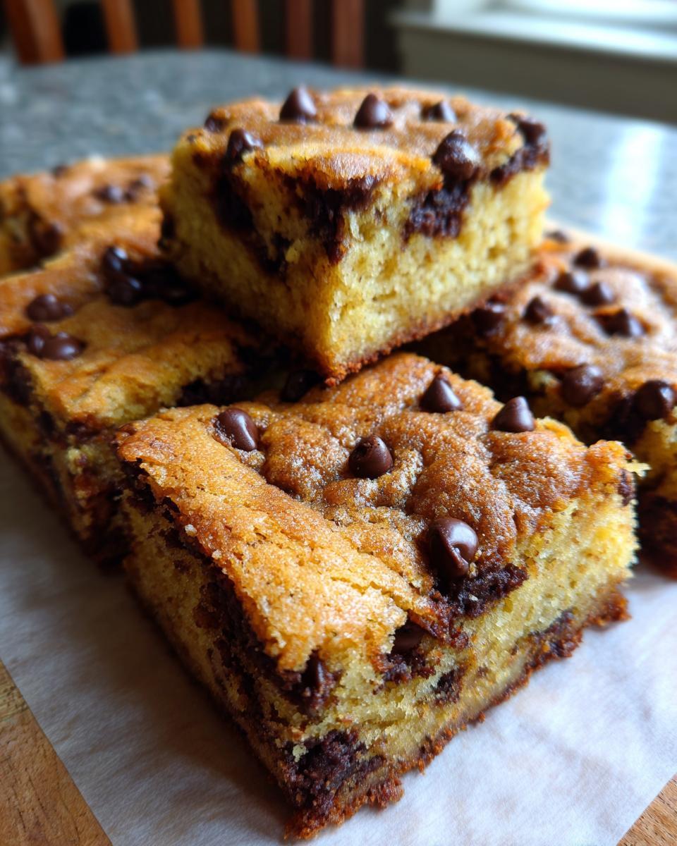 Close-up of stacked Chocolate Chip Cookie Bars, showing the chewy texture and melted chocolate chips.
