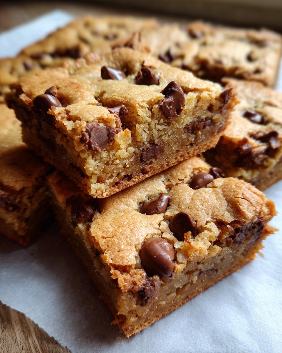 A stack of freshly baked Chocolate Chip Cookie Bars, showcasing their chewy texture and melted chocolate chips.