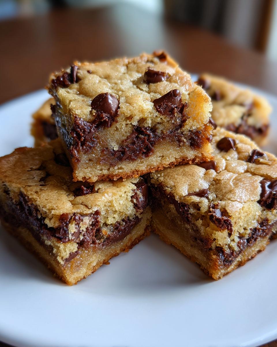 A stack of freshly baked Chocolate Chip Cookie Bars on a white plate, showing layers of chocolate and cookie dough.