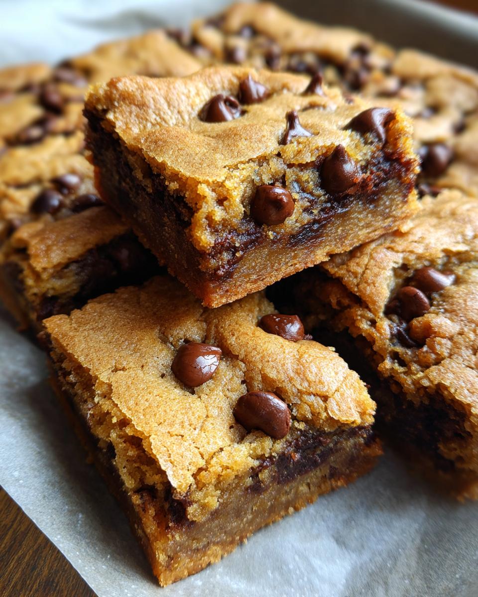 Close-up of stacked Chocolate Chip Cookie Bars, showcasing the chewy texture and melted chocolate chips.