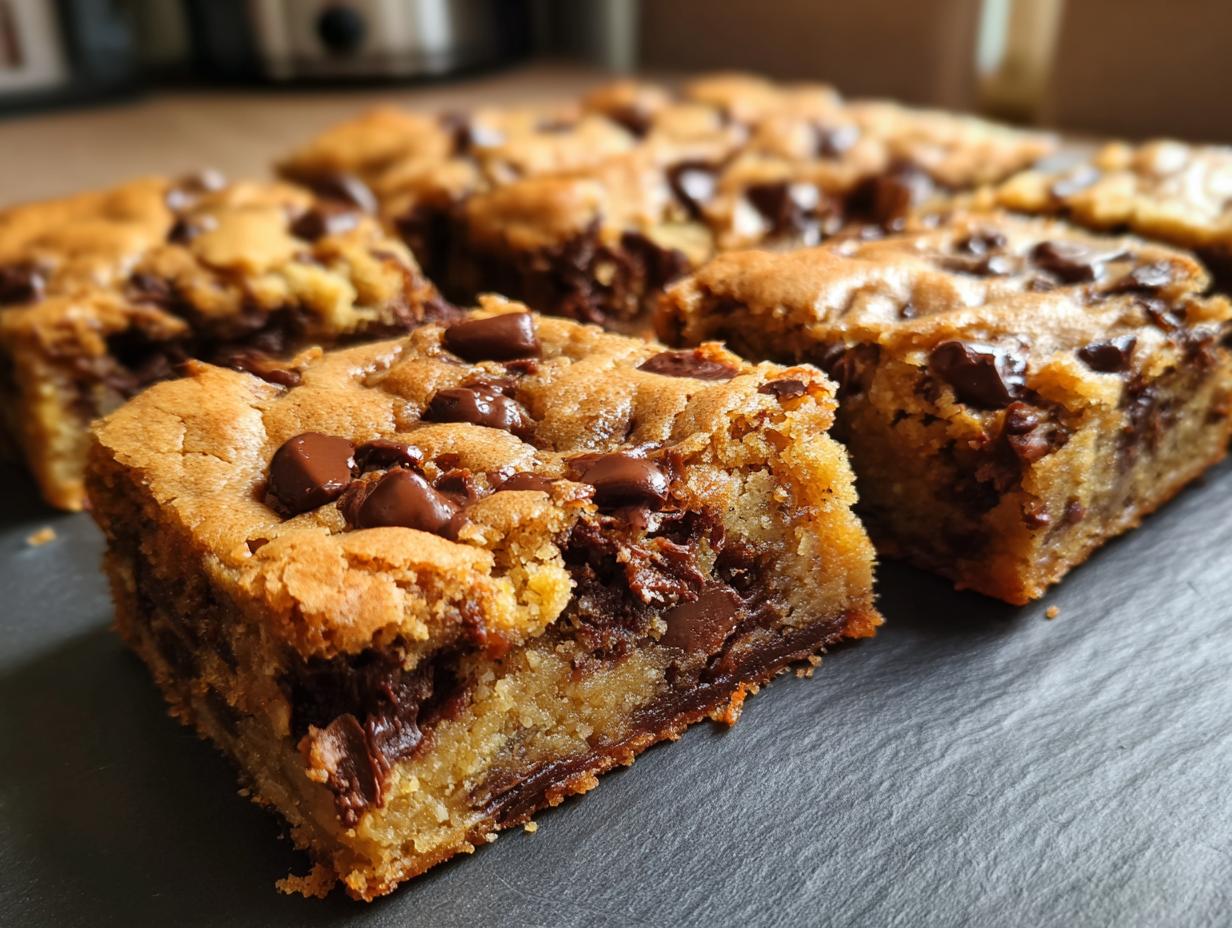 Close-up of chewy Chocolate Chip Cookie Bars, cut into squares and loaded with chocolate chips.