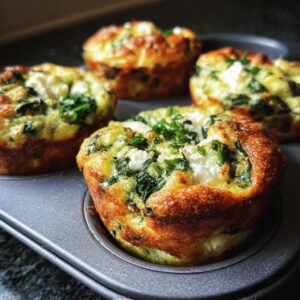 Freshly baked Cottage Cheese Egg Cups With Spinach & Feta in a muffin tin, ready to eat.