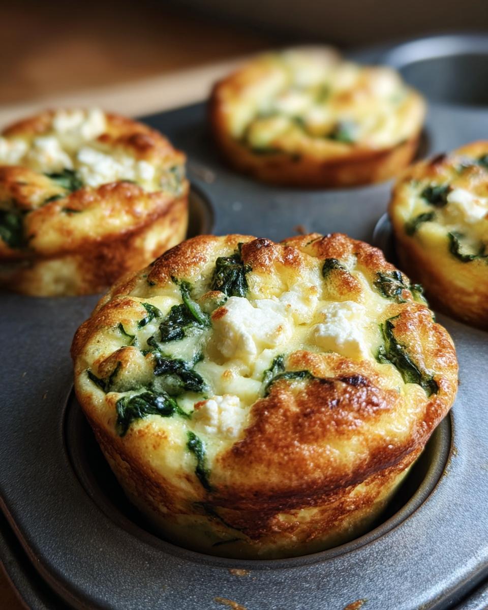 Close-up of Cottage Cheese Egg Cups With Spinach & Feta in a muffin tin, golden brown and delicious.