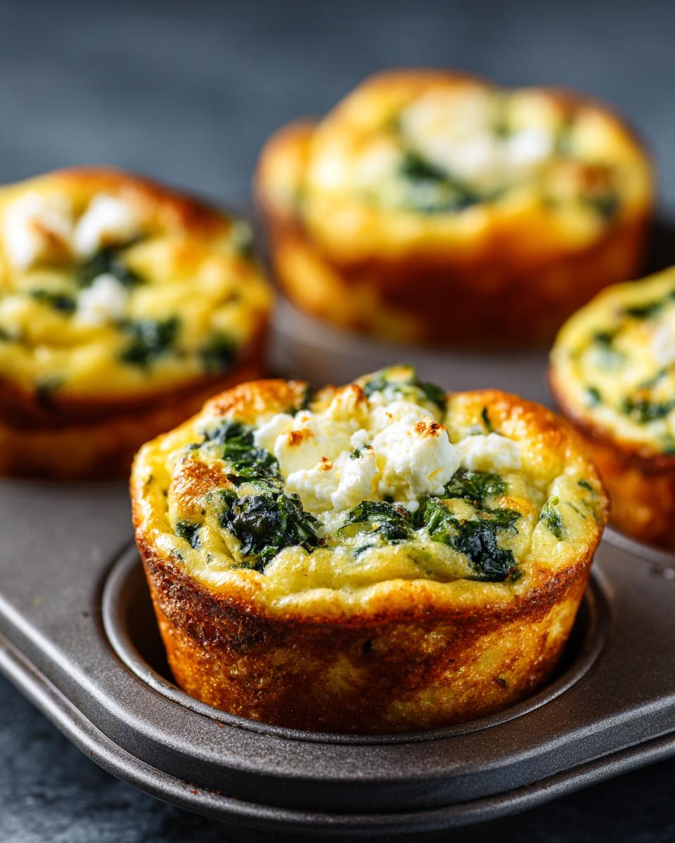 Close-up of Cottage Cheese Egg Cups With Spinach & Feta in a muffin tin, showcasing their golden-brown texture.